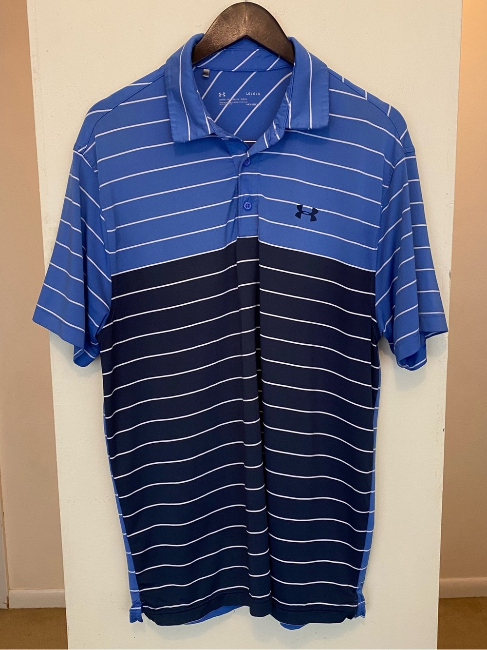 Under Armour Polo Shirt Mens Large Loose Blue White Stripe Golf Polo Heatgear